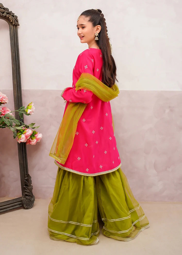 Picture of Modest - 3 Piece Rawsilk Pink Embroidered Gharara - Available at Raja Sahib