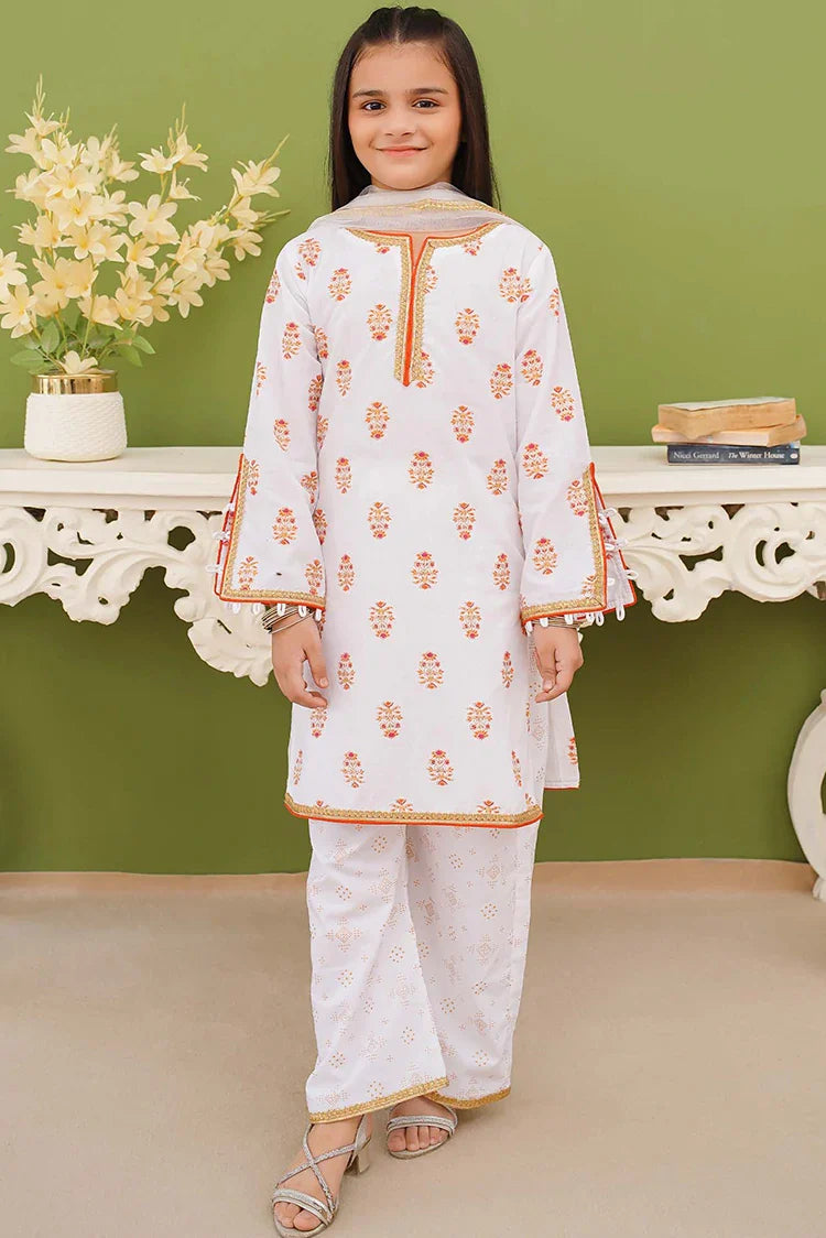 Picture of Modest - 3 Piece Printed White Cotton Suit - Available at Raja Sahib