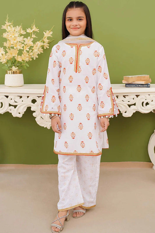 Picture of Modest - 3 Piece Printed White Cotton Suit - Available at Raja Sahib
