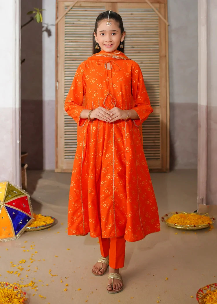 Picture of Modest - 3 Piece Orange Printed Cotton Suit - Available at Raja Sahib