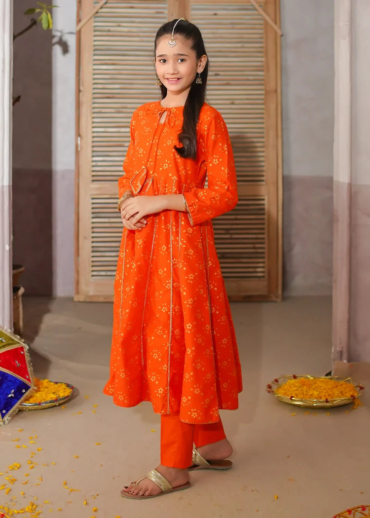 Picture of Modest - 3 Piece Orange Printed Cotton Suit - Available at Raja Sahib
