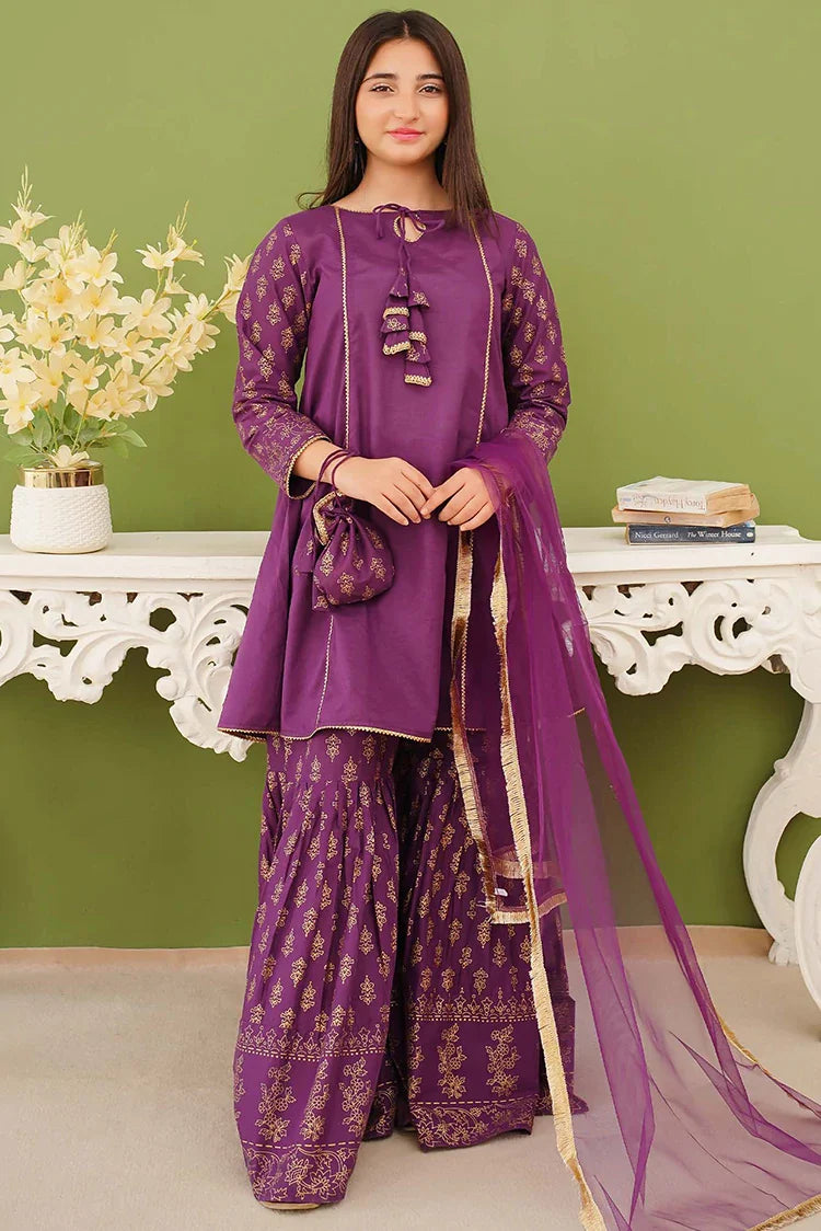 Picture of Modest - 3 Piece Purple Printed Cotton Gharara - Available at Raja Sahib