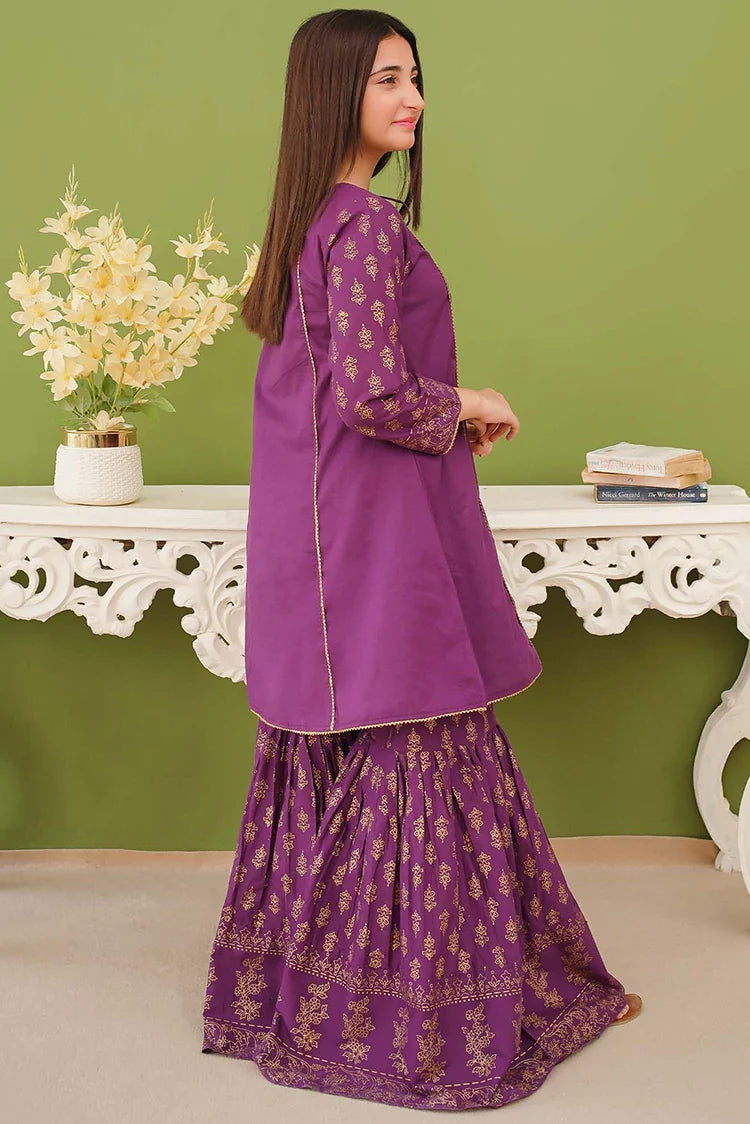 Picture of Modest - 3 Piece Purple Printed Cotton Gharara - Available at Raja Sahib