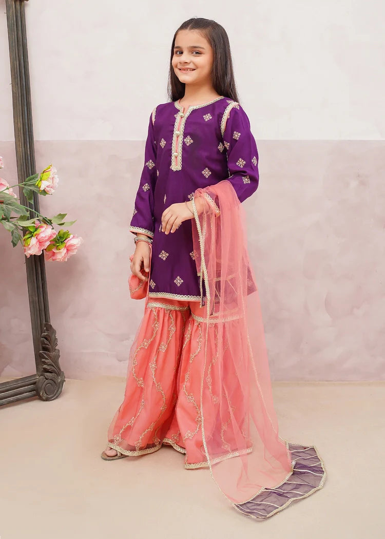 Picture of Modest - 3 Piece Purple Embroidered Rawsilk Gharara - Available at Raja Sahib