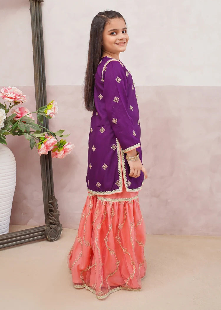 Picture of Modest - 3 Piece Purple Embroidered Rawsilk Gharara - Available at Raja Sahib