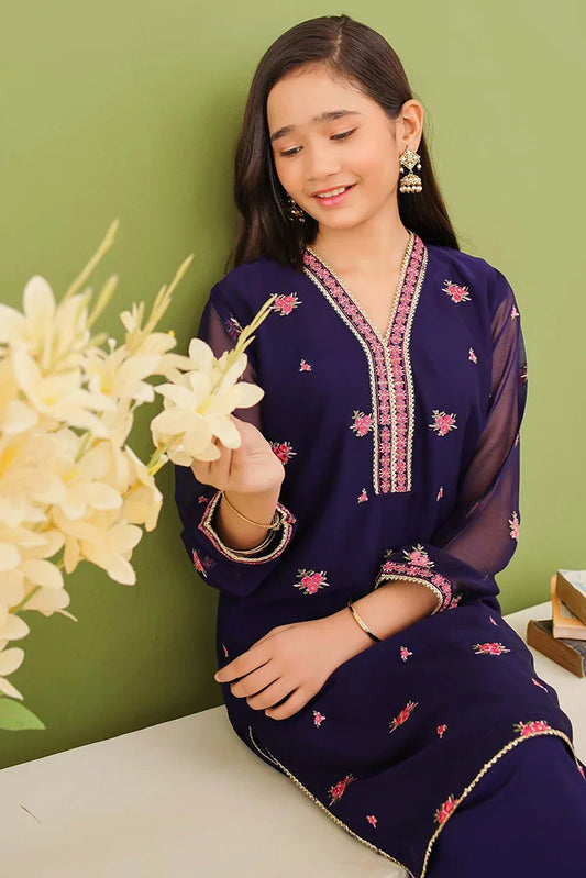 Picture of Modest - 3 Piece Embroidered Blue Chiffon Suit - Available at Raja Sahib