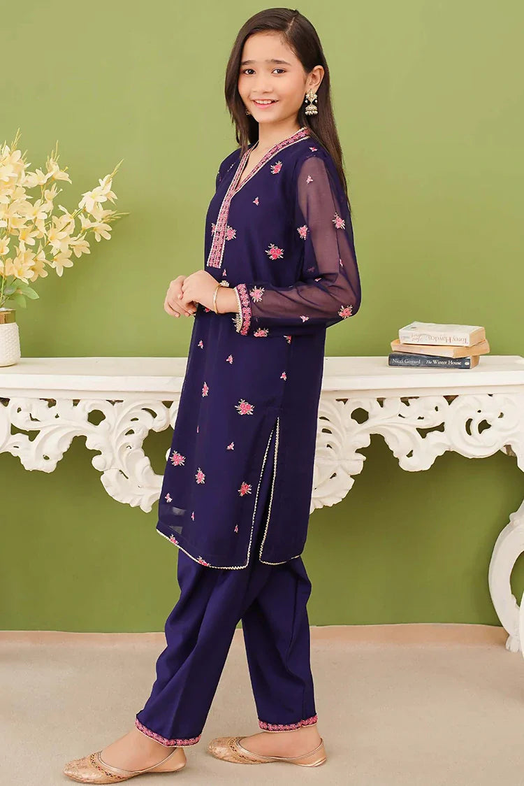 Picture of Modest - 3 Piece Embroidered Blue Chiffon Suit - Available at Raja Sahib