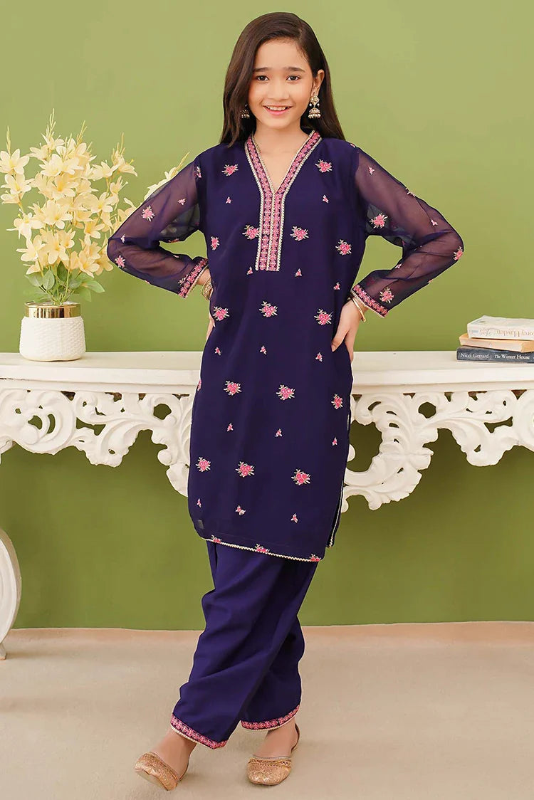 Picture of Modest - 3 Piece Embroidered Blue Chiffon Suit - Available at Raja Sahib