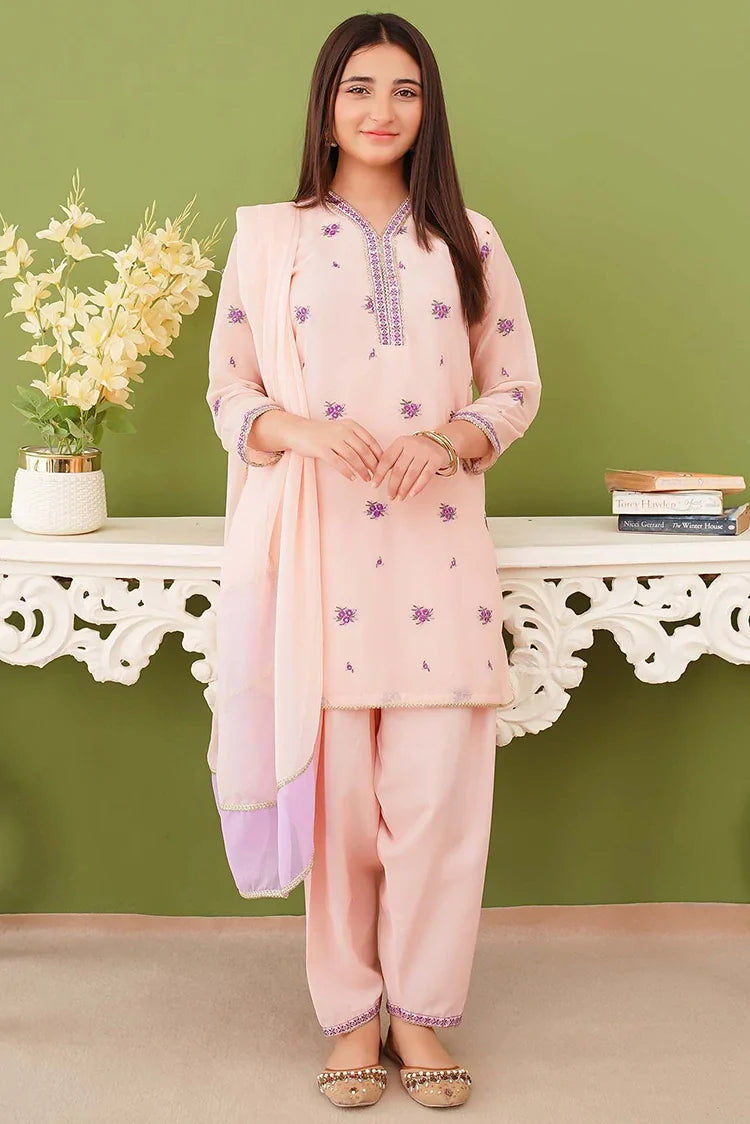 Picture of Modest - 3 Piece Peach Chiffon Embroidered Suit - Available at Raja Sahib