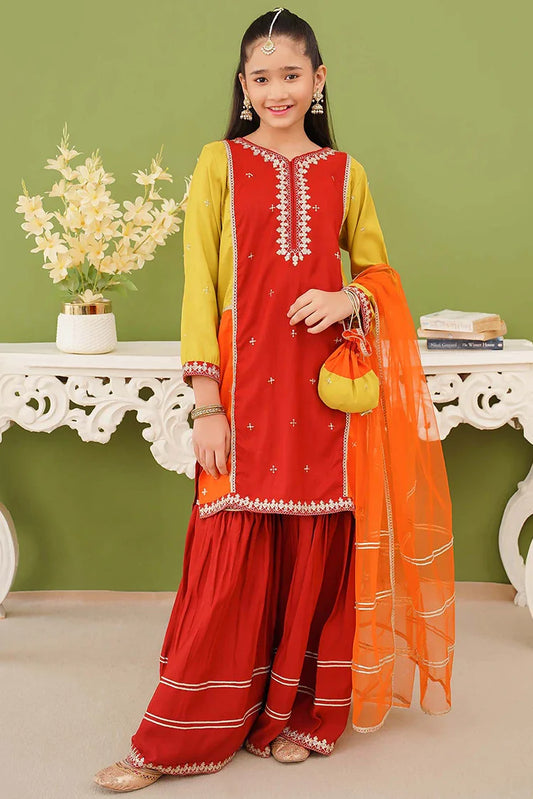 Picture of Modest - 3 Piece Embroidered Raw Silk Gharara - Available at Raja Sahib