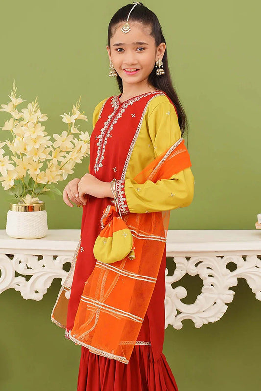 Picture of Modest - 3 Piece Embroidered Raw Silk Gharara - Available at Raja Sahib