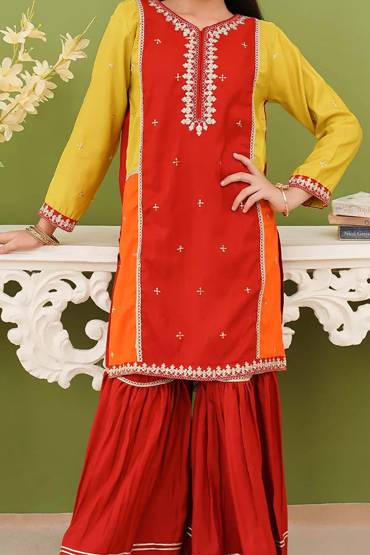 Picture of Modest - 3 Piece Embroidered Raw Silk Gharara - Available at Raja Sahib