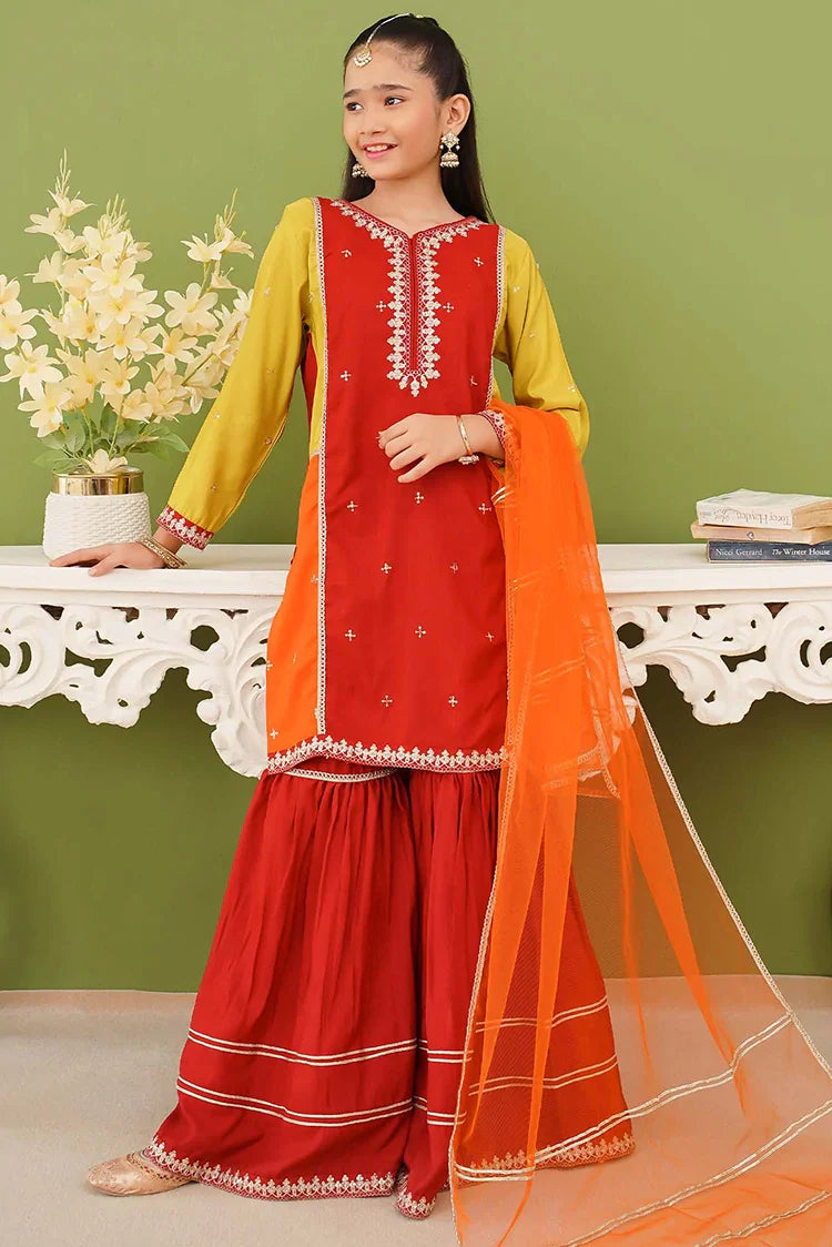 Picture of Modest - 3 Piece Embroidered Raw Silk Gharara - Available at Raja Sahib