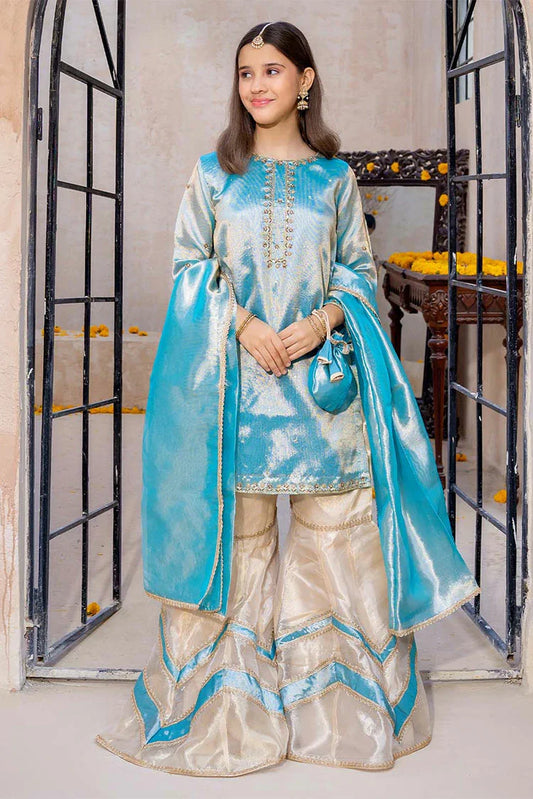 Picture of Modest - Meethi Eid - 3 Piece Blue Embroidered Maysuri Gharara - Available at Raja Sahib