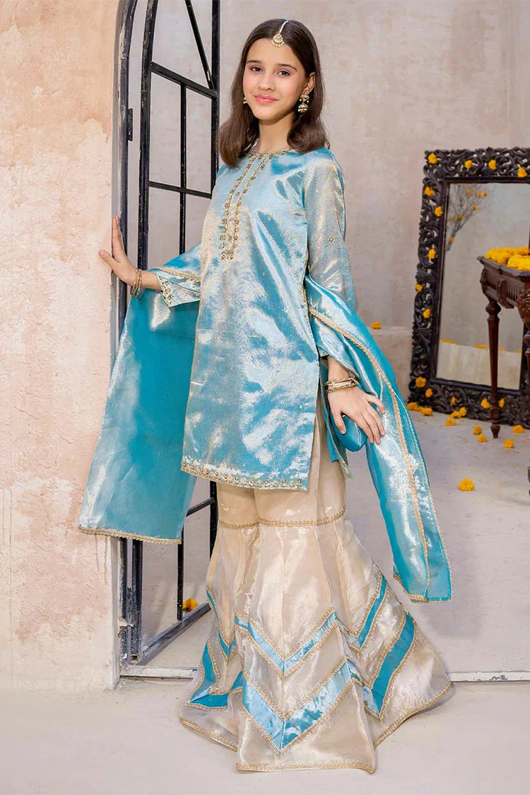 Picture of Modest - Meethi Eid - 3 Piece Blue Embroidered Maysuri Gharara - Available at Raja Sahib