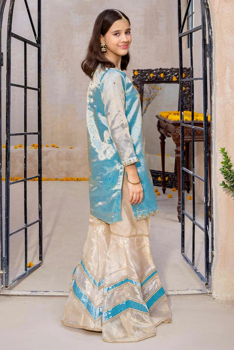 Picture of Modest - Meethi Eid - 3 Piece Blue Embroidered Maysuri Gharara - Available at Raja Sahib