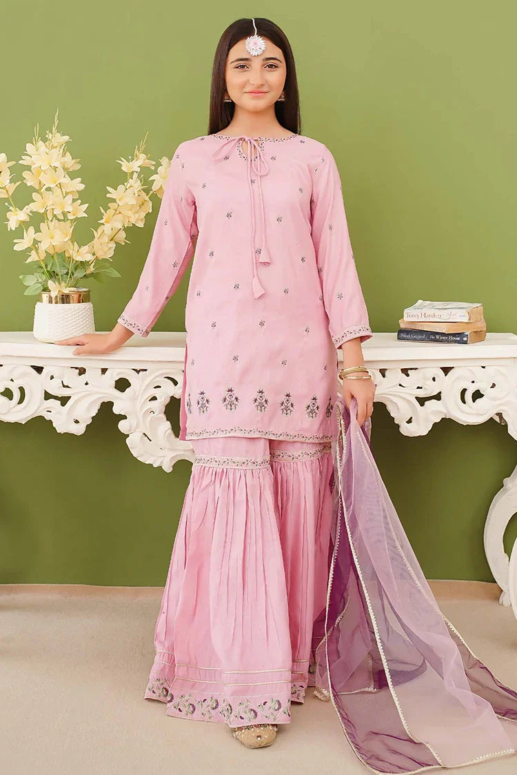 Picture of Modest - 3 Piece Rawsilk Embroidered Pink Gharara - Available at Raja Sahib