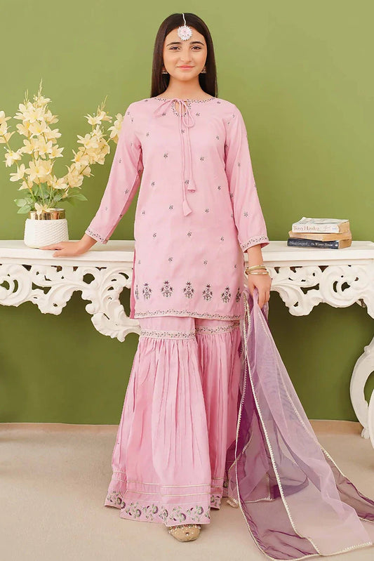 Picture of Modest - 3 Piece Rawsilk Embroidered Pink Gharara - Available at Raja Sahib