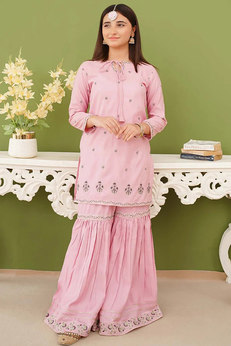 Picture of Modest - 3 Piece Rawsilk Embroidered Pink Gharara - Available at Raja Sahib
