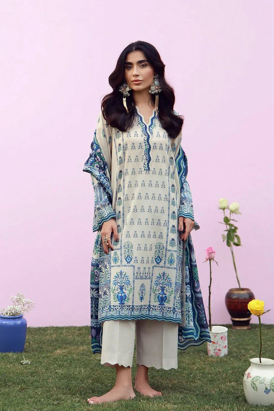 Sahar - Mirha Printed Lawn Collection - SS1-26-05-Indigo Cream Folk - Unstitched