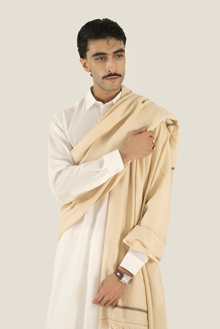 Picture of Black Pearl - Beige Wool Blend Shawl - Available at Raja Sahib