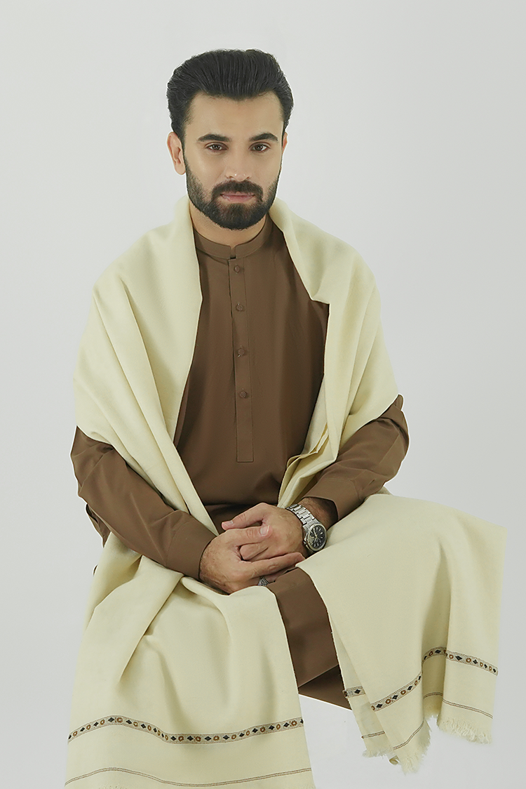 Picture of Black Pearl - Off White Wool Blend Shawl - Available at Raja Sahib