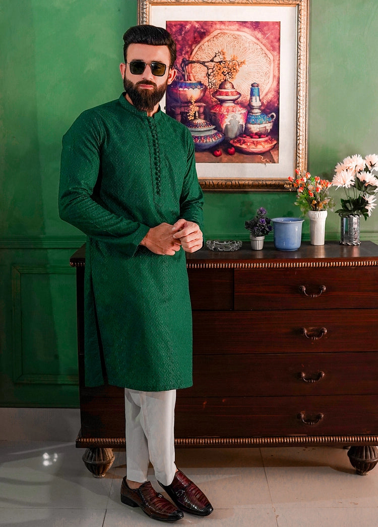 Picture of Label M - Chikankari Kurta Collection - Dark Green - Available at Raja Sahib