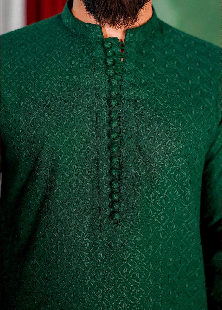 Picture of Label M - Chikankari Kurta Collection - Dark Green - Available at Raja Sahib