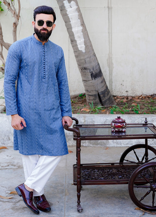 Picture of Label M - Chikankari Kurta Collection - Faded Blue - Available at Raja Sahib