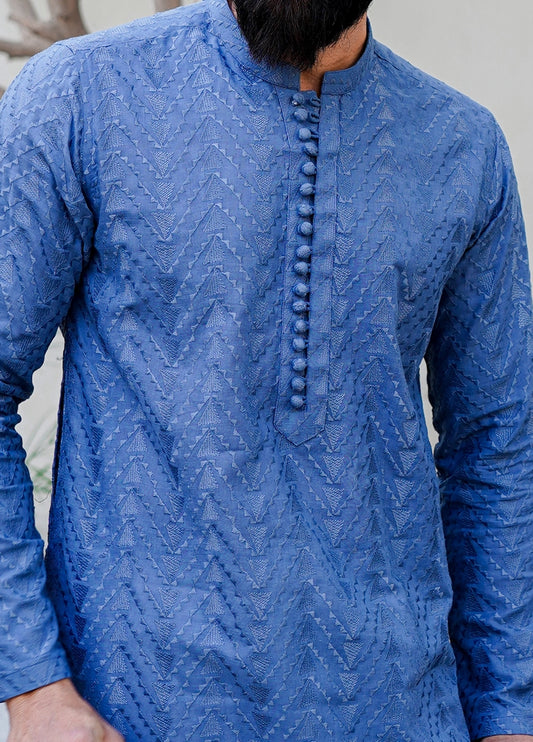 Picture of Label M - Chikankari Kurta Collection - Faded Blue - Available at Raja Sahib