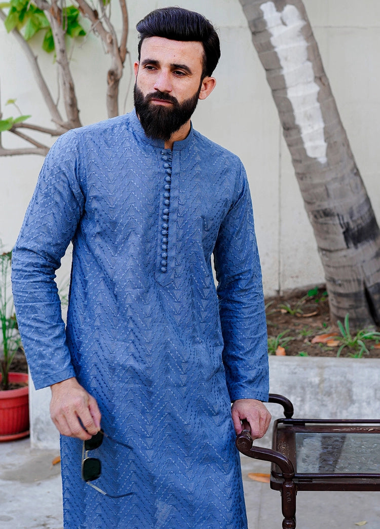 Picture of Label M - Chikankari Kurta Collection - Faded Blue - Available at Raja Sahib