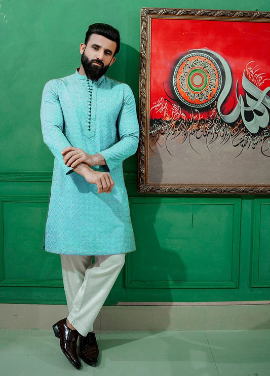 Picture of Label M - Chikankari Kurta Collection - Ice Blue - Available at Raja Sahib