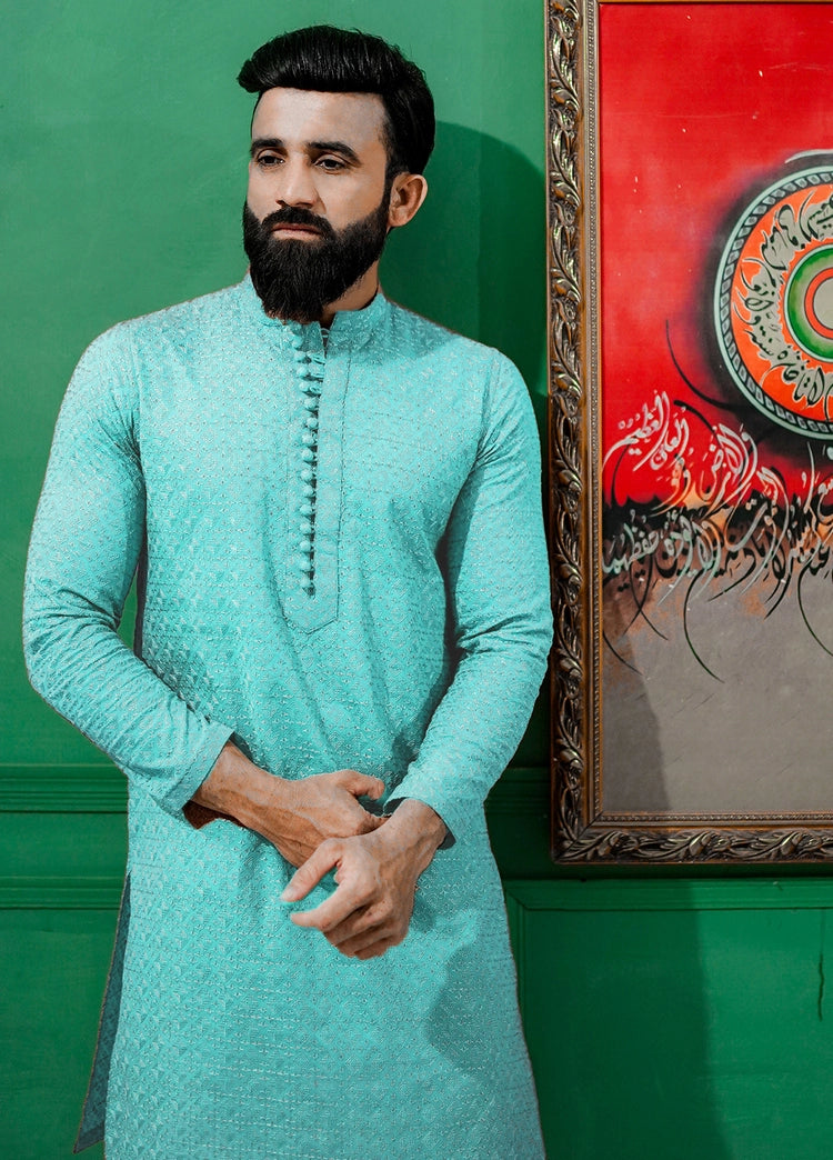 Picture of Label M - Chikankari Kurta Collection - Ice Blue - Available at Raja Sahib