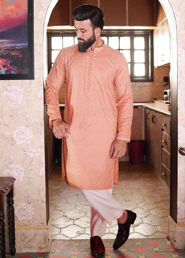 Picture of Label M - Chikankari Kurta Collection - Peachy Pink - Available at Raja Sahib