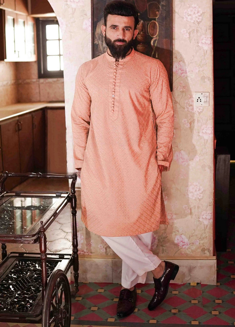 Picture of Label M - Chikankari Kurta Collection - Peachy Pink - Available at Raja Sahib