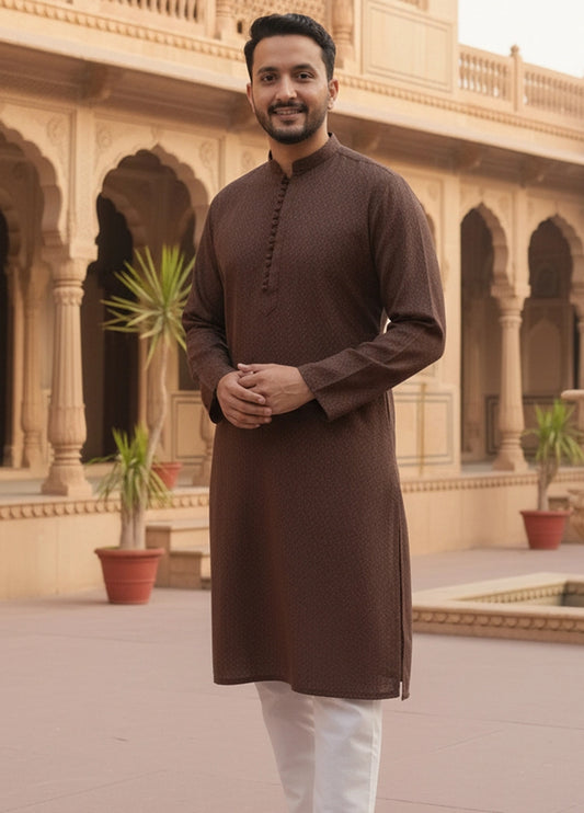 Picture of Label M - Chikankari Kurta Collection - Chocolate Brown - Available at Raja Sahib