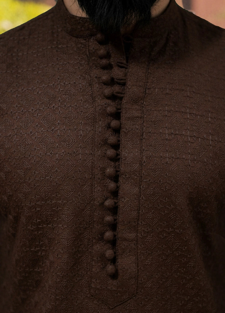 Picture of Label M - Chikankari Kurta Collection - Chocolate Brown - Available at Raja Sahib
