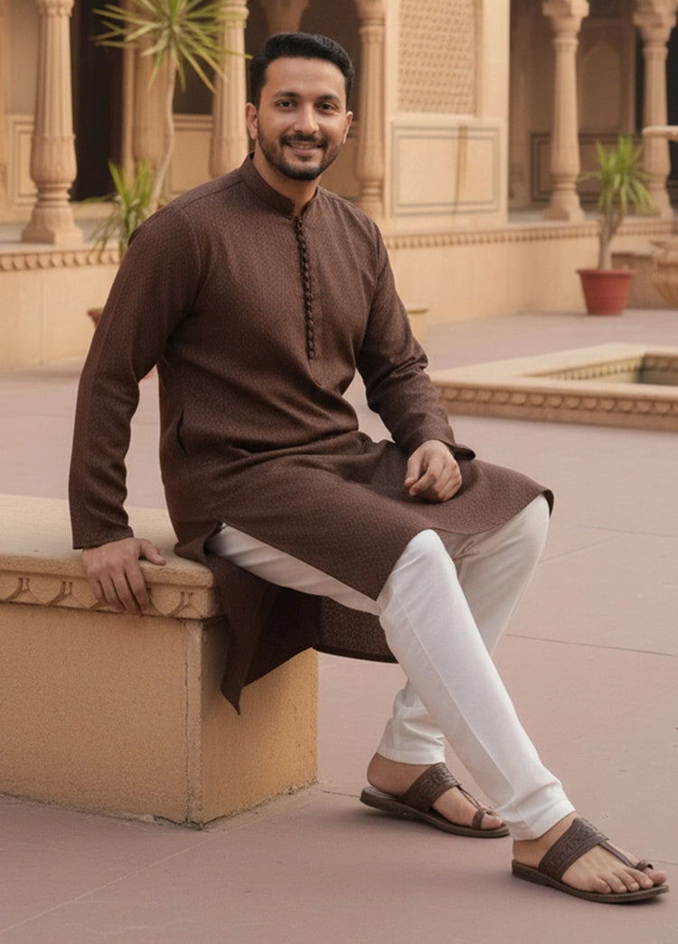Picture of Label M - Chikankari Kurta Collection - Chocolate Brown - Available at Raja Sahib