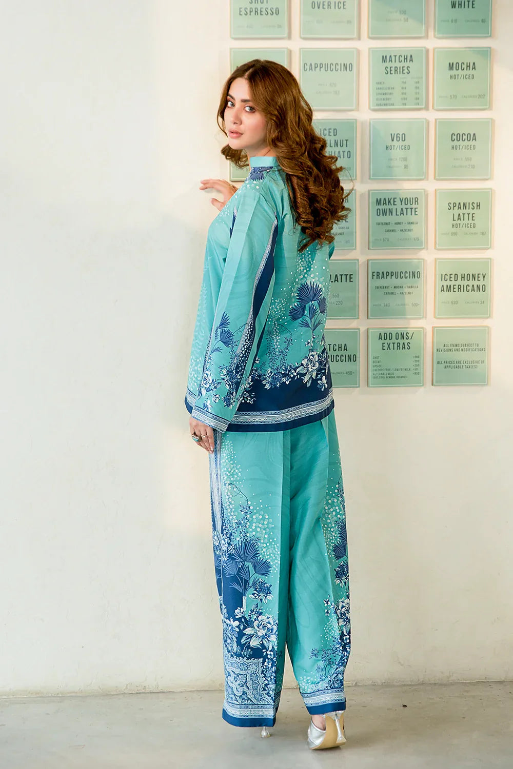 Picture of Ellena - Cyan Floral Fusion Premium Blend Co-Ord Set - Available at Raja Sahib