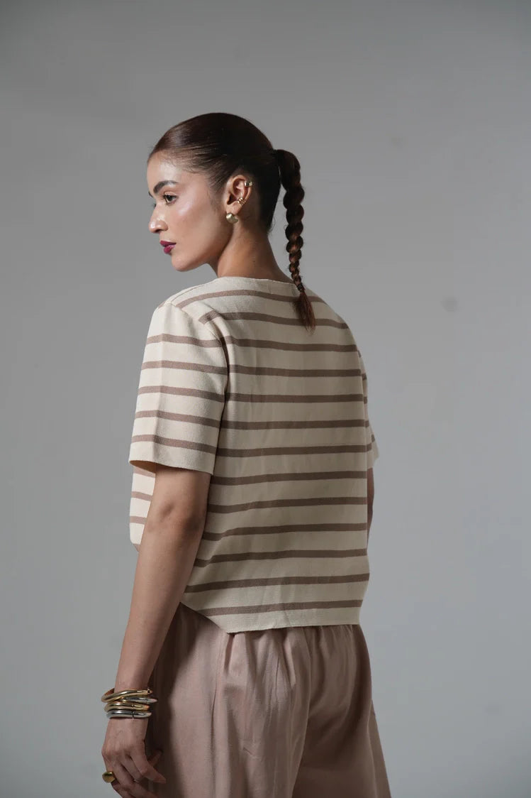 Picture of Short Sleeves Striped Knit Cardigan - Available at Raja Sahib