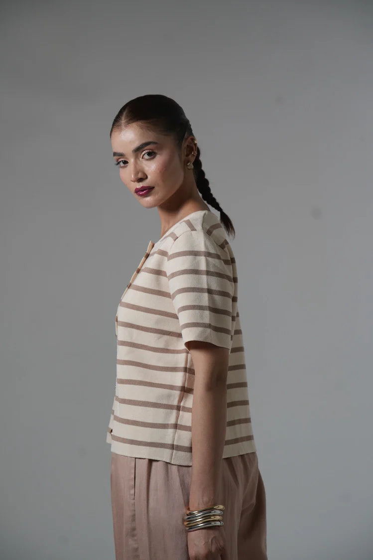 Picture of Short Sleeves Striped Knit Cardigan - Available at Raja Sahib