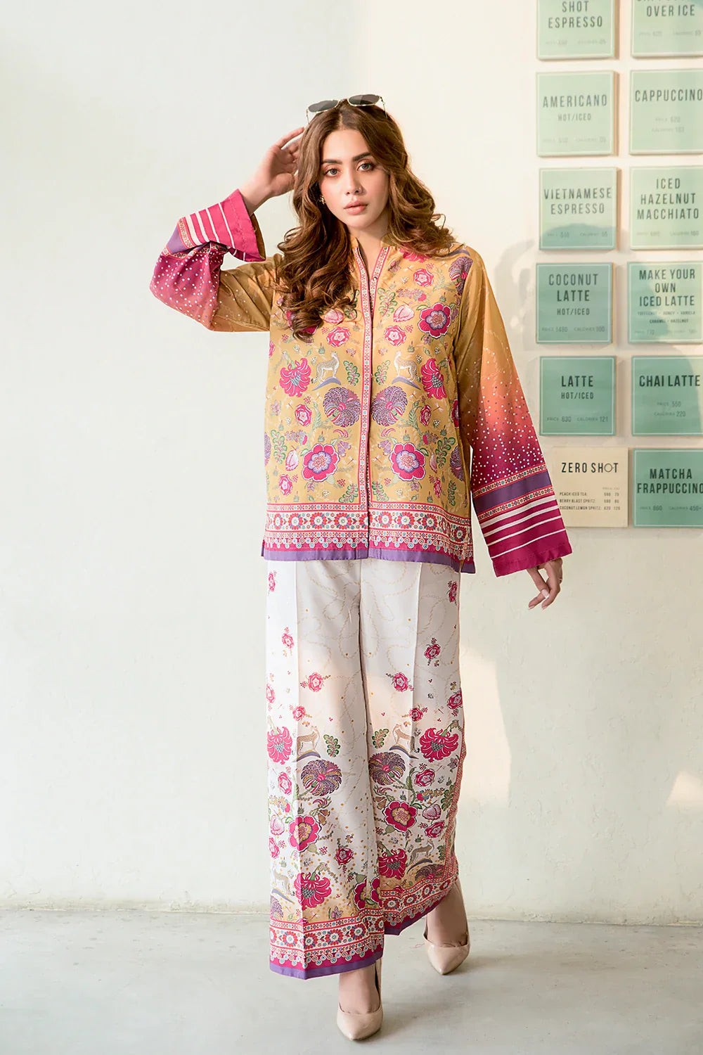 Picture of Ellena - Mustard Floral Art Fusion Printed Premium Blend Co-Ord Set - Available at Raja Sahib