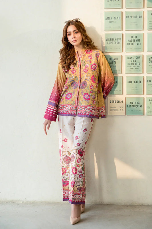 Picture of Ellena - Mustard Floral Art Fusion Printed Premium Blend Co-Ord Set - Available at Raja Sahib