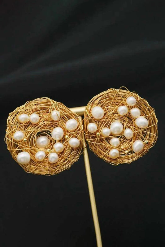 Picture of Blumoon - Freshwater Pearl Nest - Earrings - Gold - Available at Raja Sahib