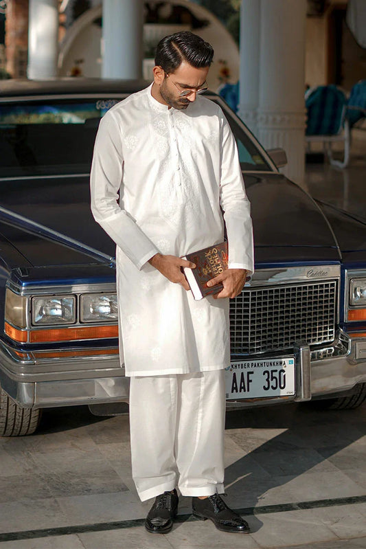 Picture of Fabrich - Men's Embroidered Unstitched Kameez Shalwar - Snow White - Available at Raja Sahib