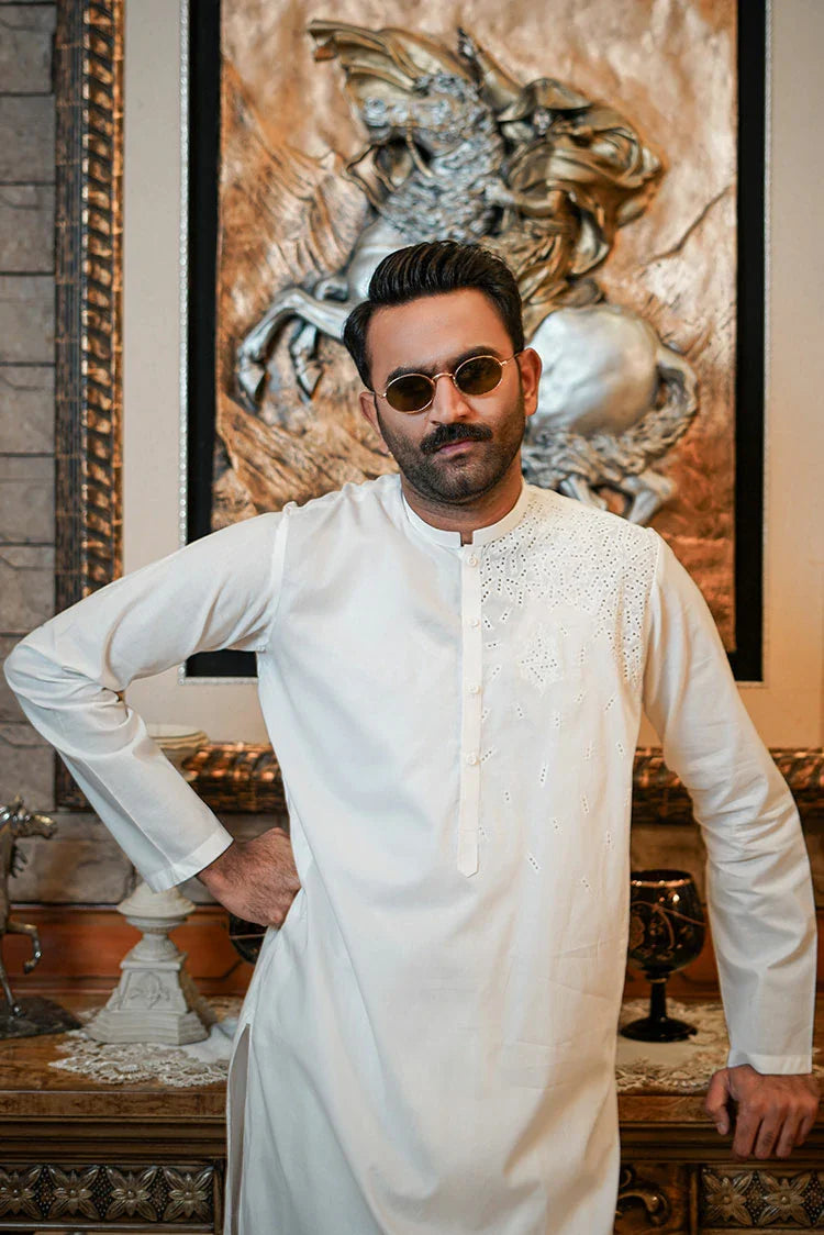 Picture of Fabrich - Men's Embroidered Unstitch Kameez Shalwar - Off White - Available at Raja Sahib