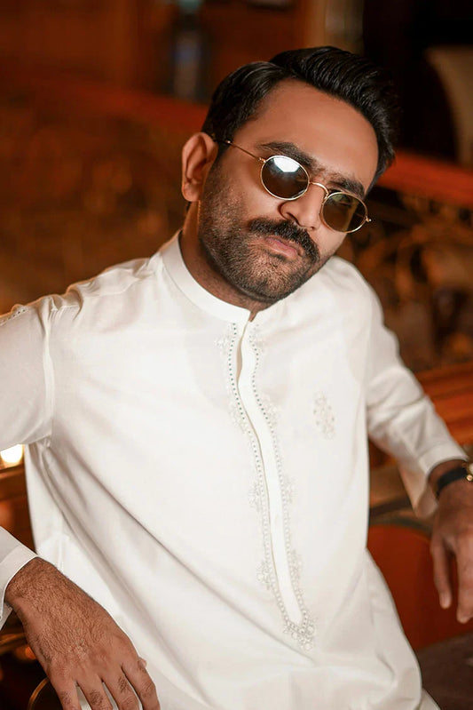 Picture of Fabrich - Men's Embroidered Unstitched Kameez Shalwar - Snow White - Available at Raja Sahib