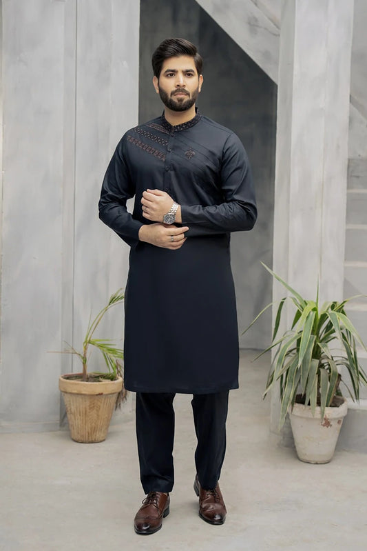 Picture of Fabrich - Men's Unstitch Embroidered Kameez Shalwar - Black - Available at Raja Sahib