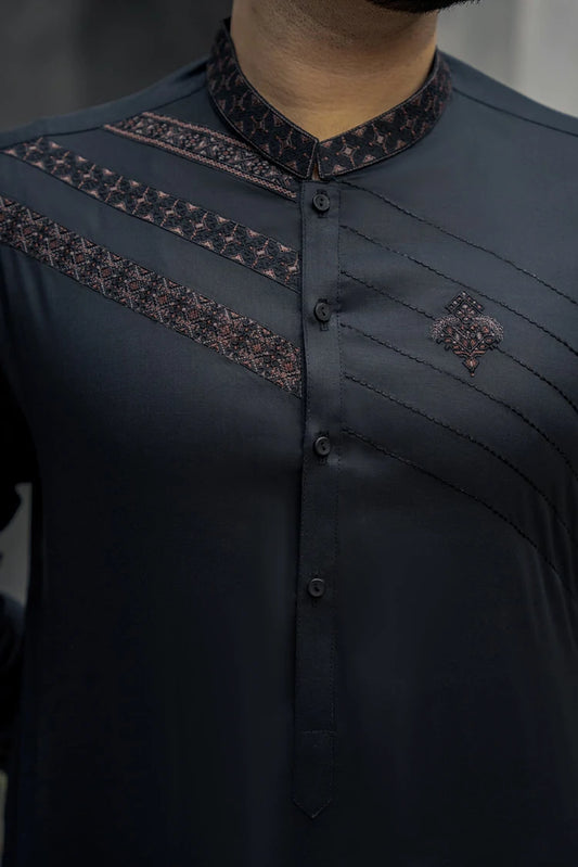 Picture of Fabrich - Men's Unstitch Embroidered Kameez Shalwar - Black - Available at Raja Sahib