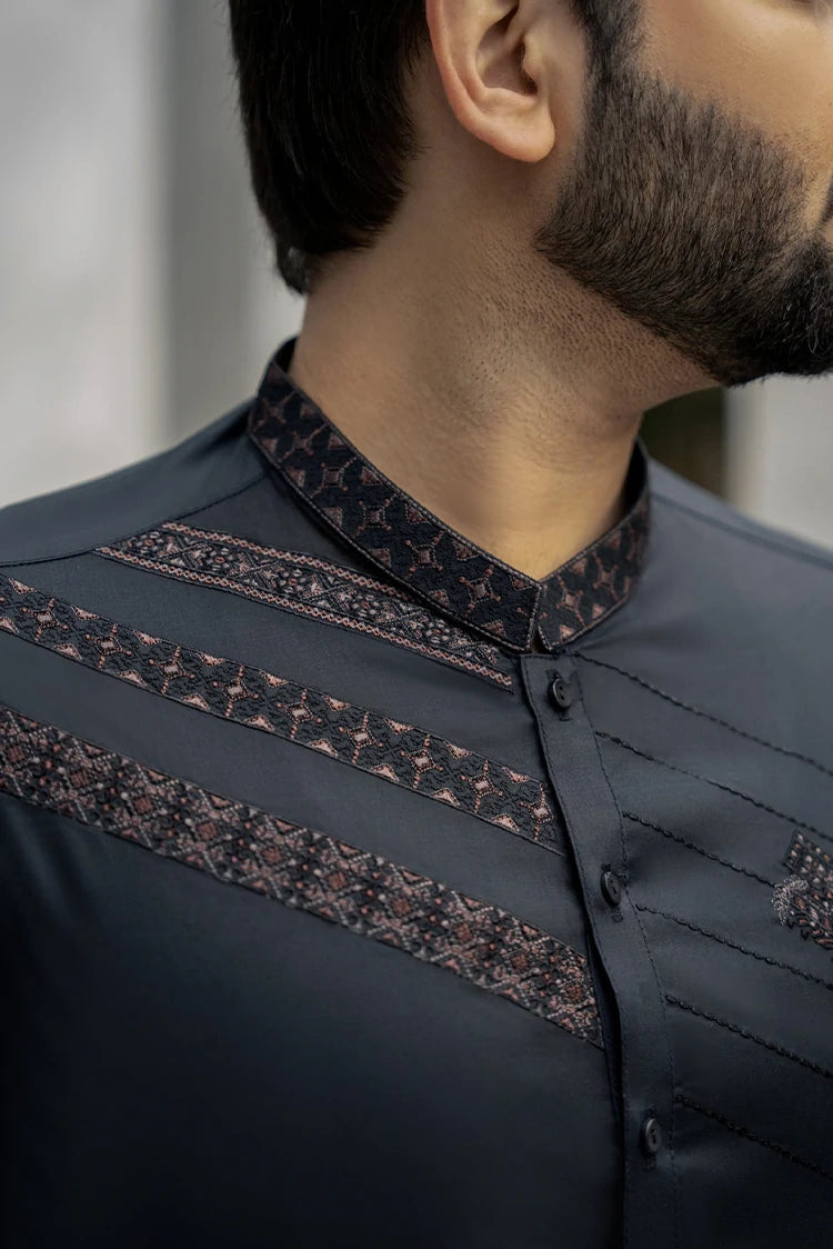 Picture of Fabrich - Men's Unstitch Embroidered Kameez Shalwar - Black - Available at Raja Sahib